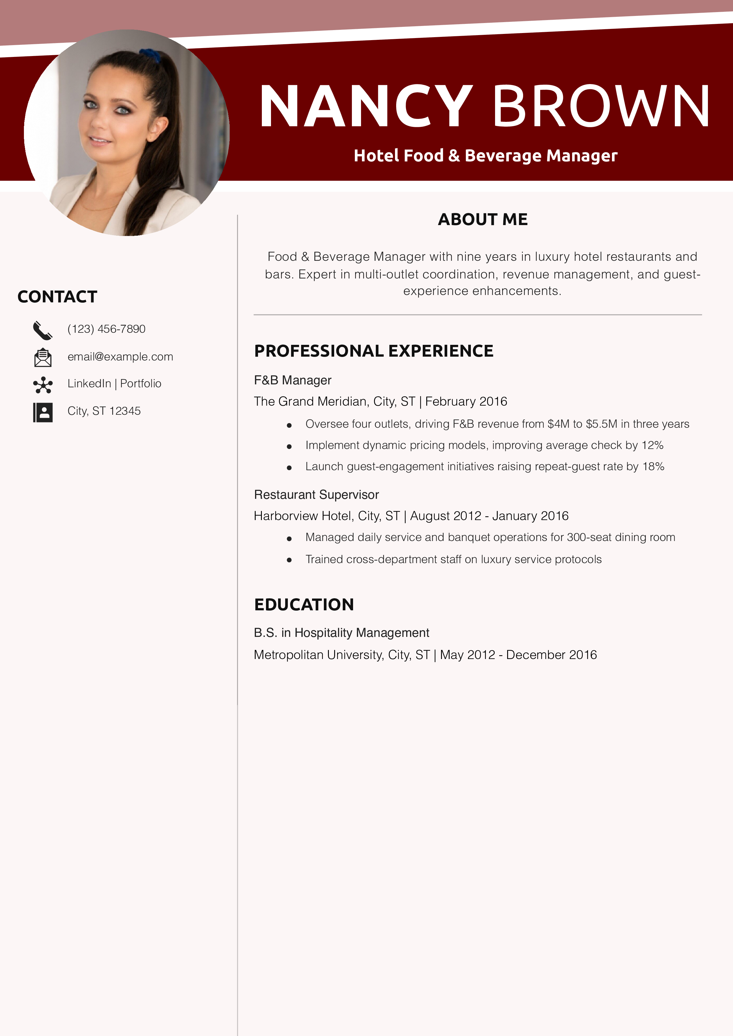 Hotel Food & Beverage Manager Resume Example